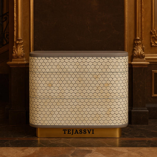 Bone Inlay Drawers semi round Geometric Pattern design Bedside Table/ nightstand | Bone Inlay side table, Bone Inlay chest of drawers.