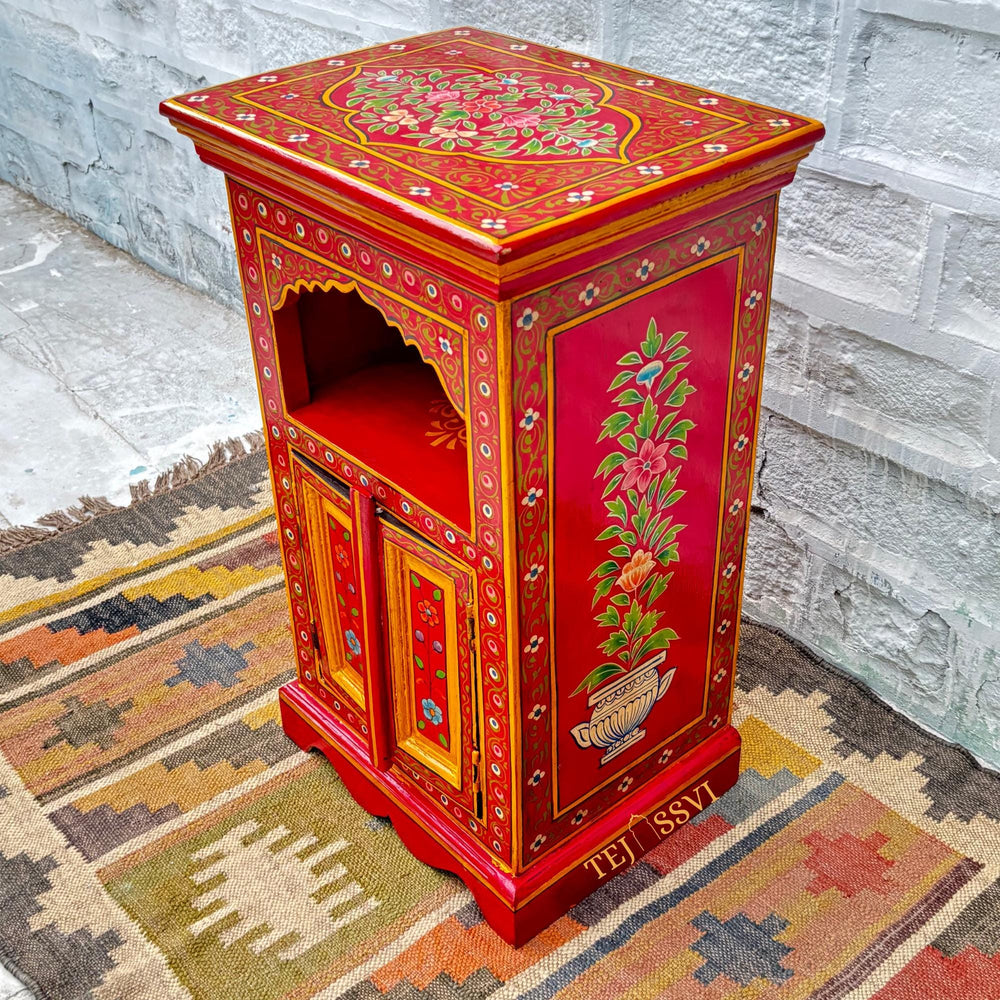 Handmade Hand Painted Bedside Table in Red & yellow / Home Décor Table / Hand painted Side Table / Indian Moroccan painted Furniture.