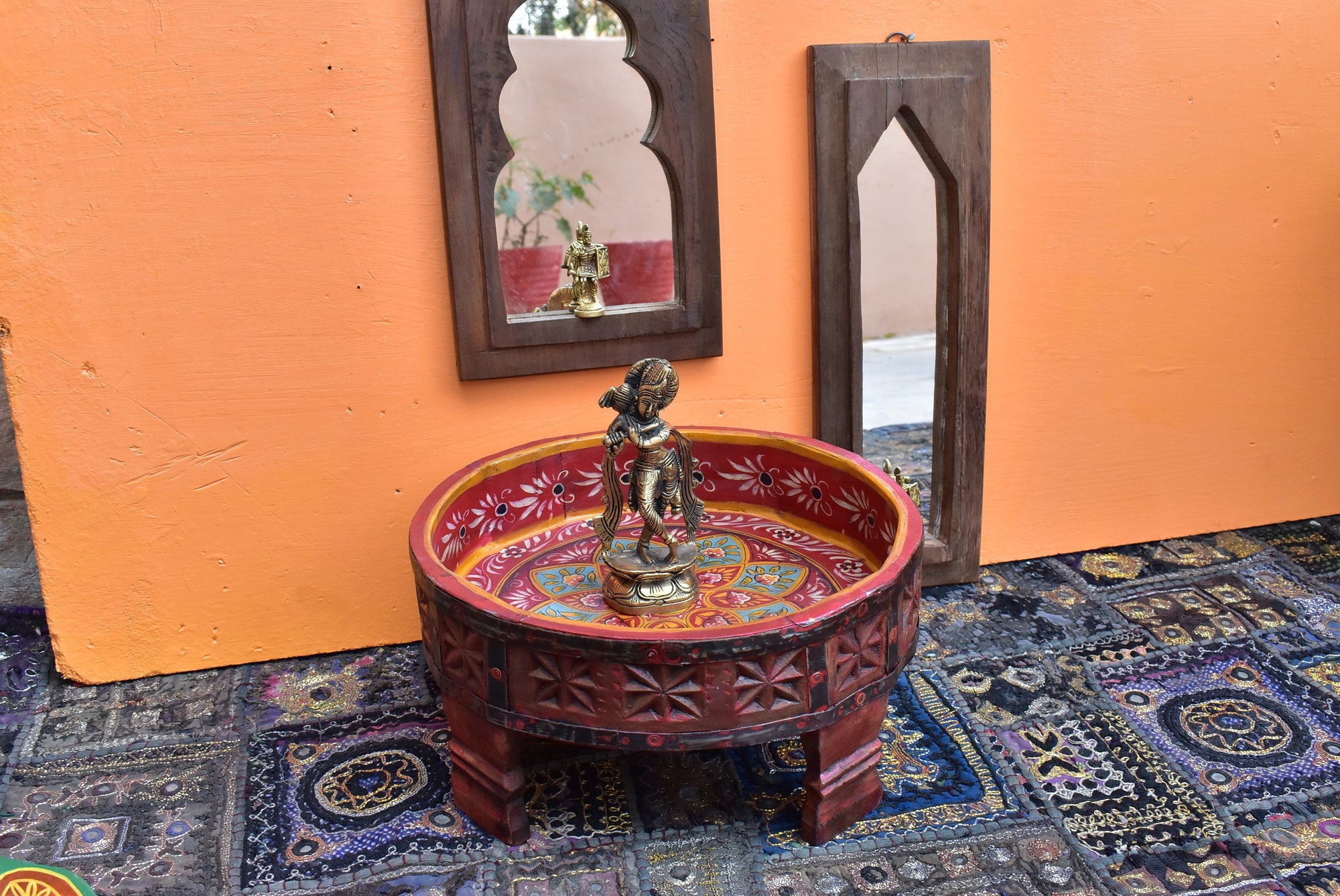 Wood Flower Hand painted Round Chakki Table / Coffee table / Wood Side Grinder Table / Indian Central Table Home art Furniture Décor Table.