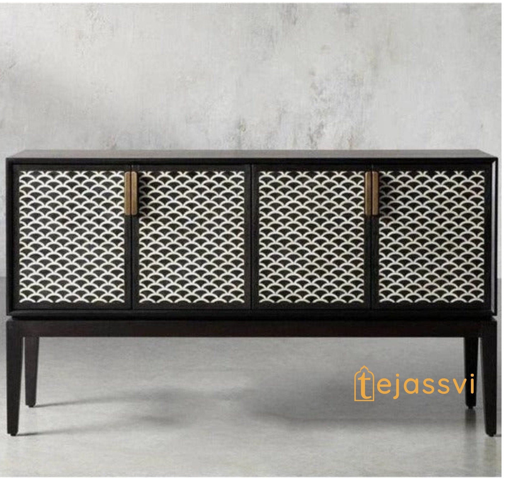 Modern and Luxury Bone Inlay Fish Scale Pattern Bar Cabinet | Handmade Inlay Storage Unit in Black Color | Bone Inlay Beer Storage Furniture