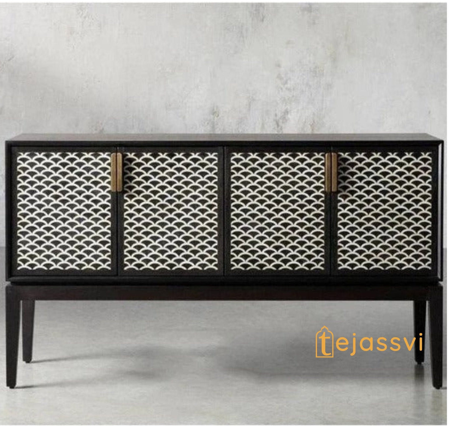 Modern and Luxury Bone Inlay Fish Scale Pattern Bar Cabinet | Handmade Inlay Storage Unit in Black Color | Bone Inlay Beer Storage Furniture