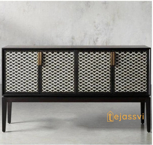 Modern and Luxury Bone Inlay Fish Scale Pattern Bar Cabinet | Handmade Inlay Storage Unit in Black Color | Bone Inlay Beer Storage Furniture