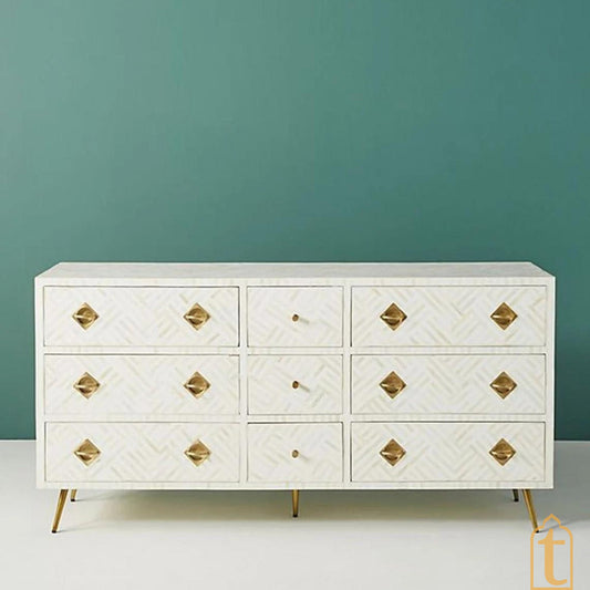 Bone Inlay Sideboard, Wooden Bone inlay 9 Drawer Dresser, Bone Inlay Chest of 9 Drawer, Bone inlay Buffet, Large Dresser, Storage Unit.
