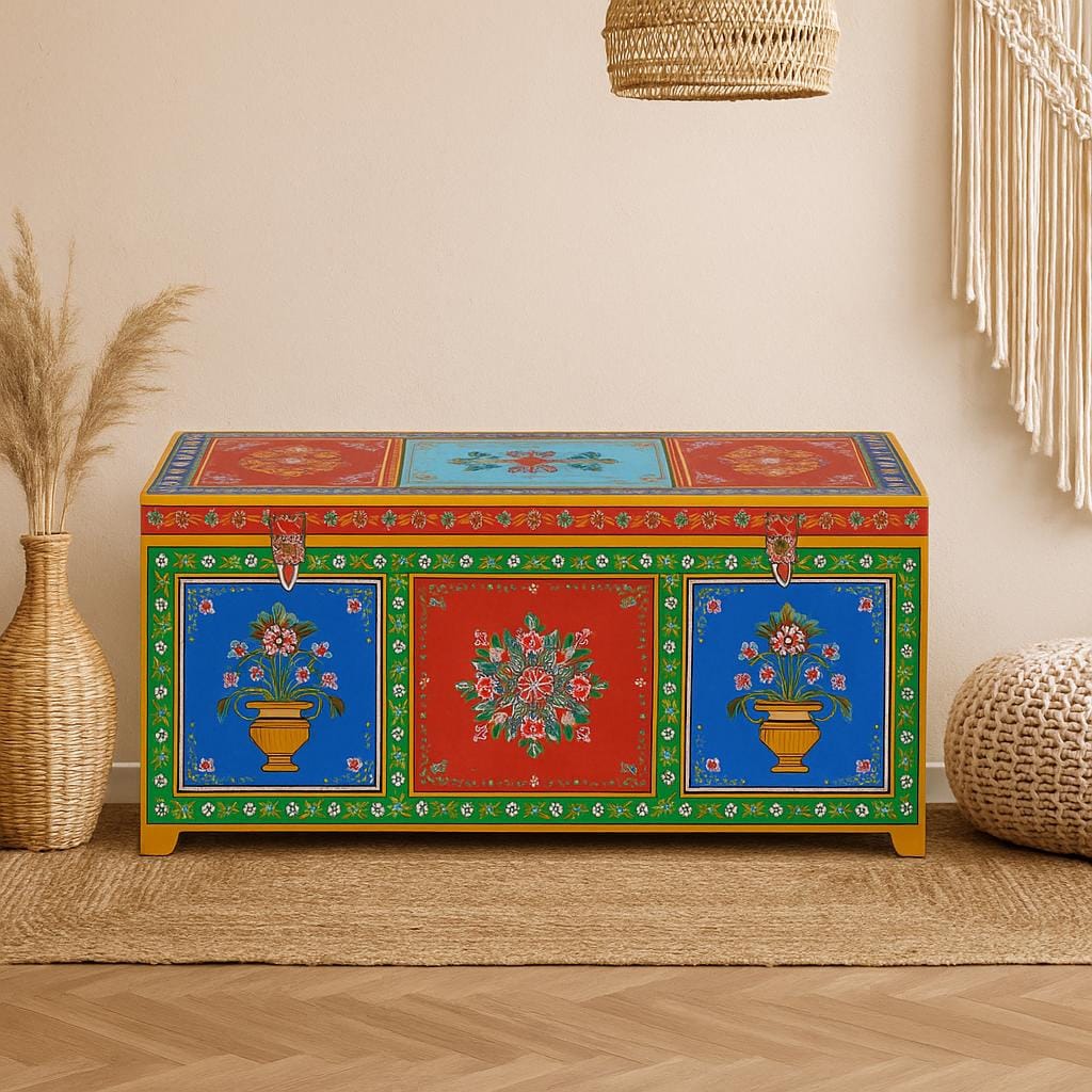 Indian Wooden Hand Painted Storage Trunk / Treasure Chest / Wooden Furniture Home and living / Painted Storage Hand Painted Indian Jewelry / Treasure Box.