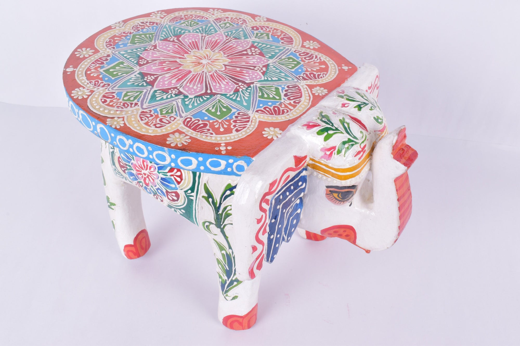 Elephant Stool Wood Indian Hand Carving Wooden Elephant Coffee Table / Hand Made Embossed Painted Fine Work Home Décor Collectible Indian Art.