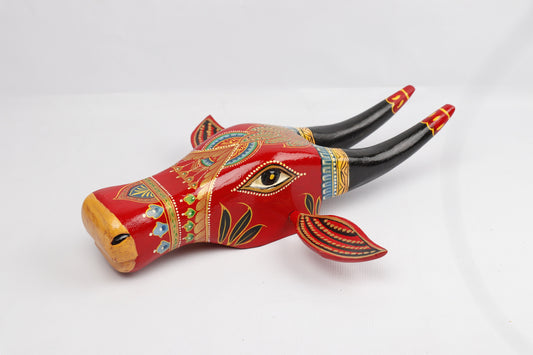 Wooden Painted Cow Head | Bull | Nandi Head Mask Wall Décor. Wooden Wall Hanging. Ethnic Indian Art.