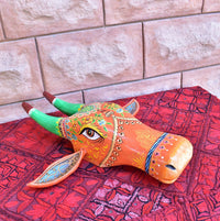 Wooden Painted Cow Head | Wooden Wall Hanging Bull | Nandi Head Mask Wall Décor. . Ethnic Indian Rajasthani Art.