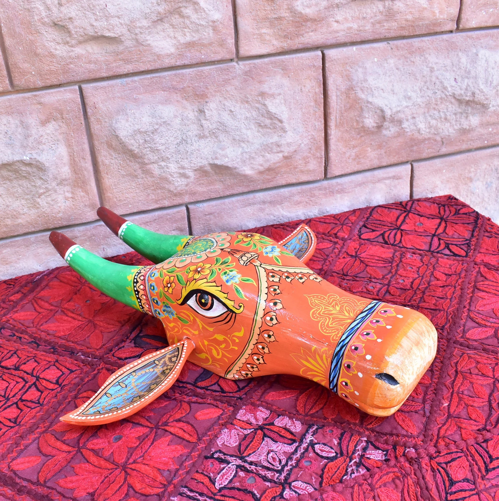 Wooden Painted Cow Head | Wooden Wall Hanging Bull | Nandi Head Mask Wall Décor. . Ethnic Indian Rajasthani Art.