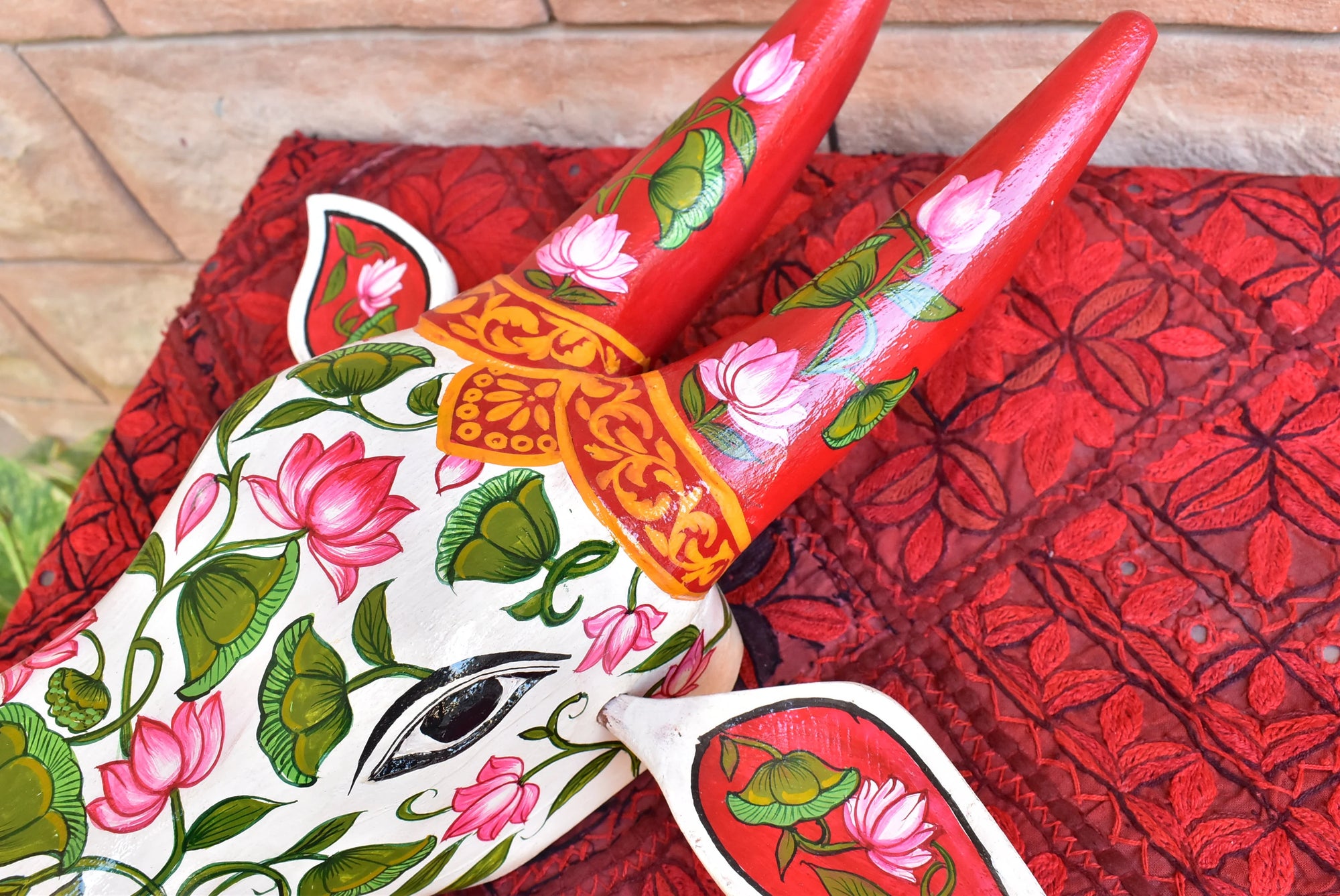 Wooden painted Bull | Nandi | Cow | head | face mask for wall decor. 15” long. Handmade artwork for interior from Kerala India.