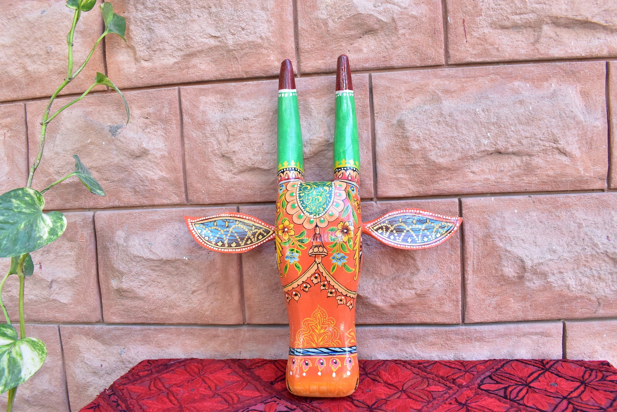 Wooden Painted Cow Head | Wooden Wall Hanging Bull | Nandi Head Mask Wall Décor. . Ethnic Indian Rajasthani Art.