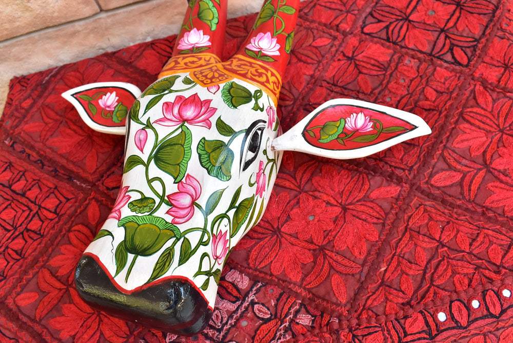 Wooden painted Bull | Nandi | Cow | head | face mask for wall decor. 15” long. Handmade artwork for interior from Kerala India.