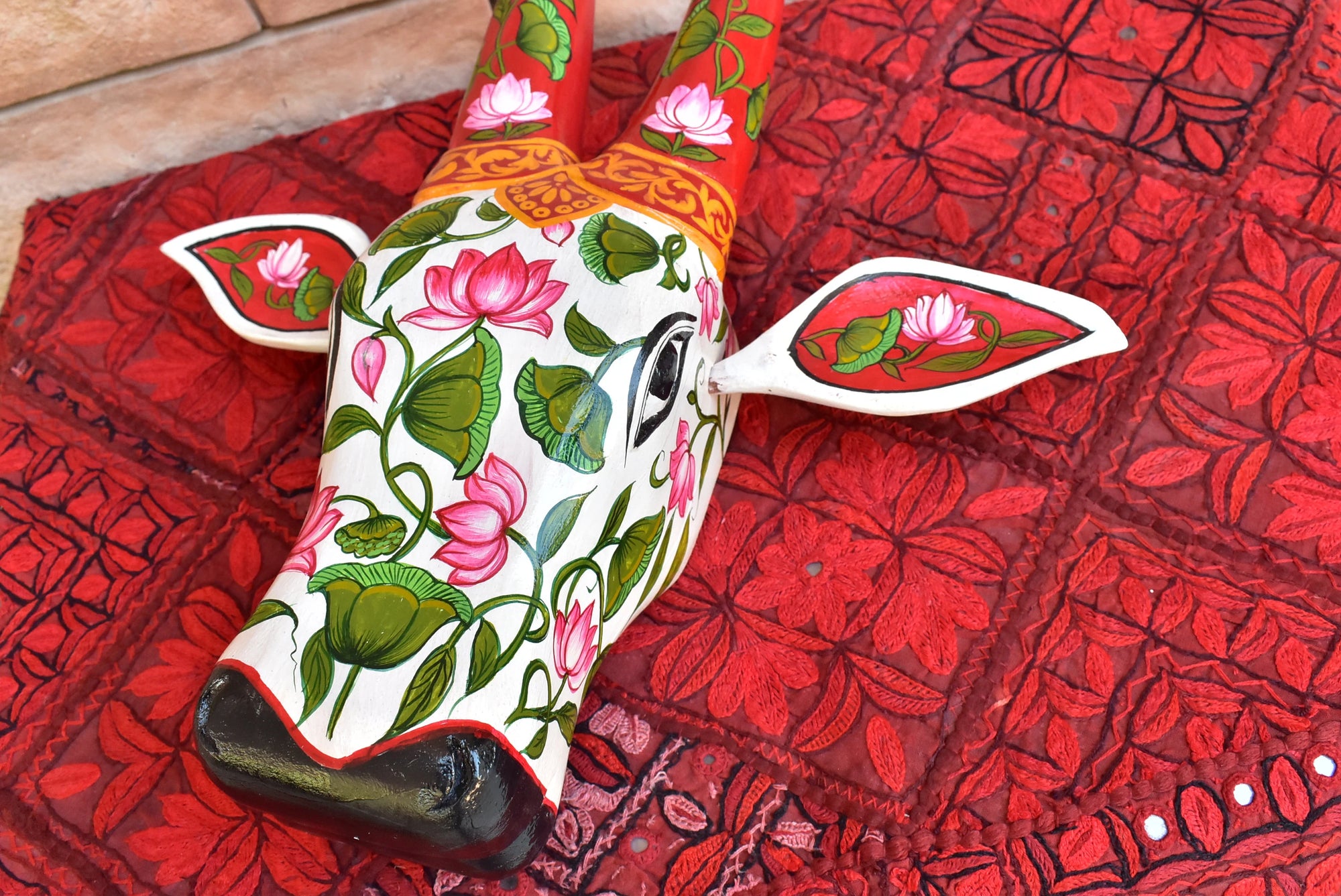 Wooden painted Bull | Nandi | Cow | head | face mask for wall decor. 15” long. Handmade artwork for interior from Kerala India.