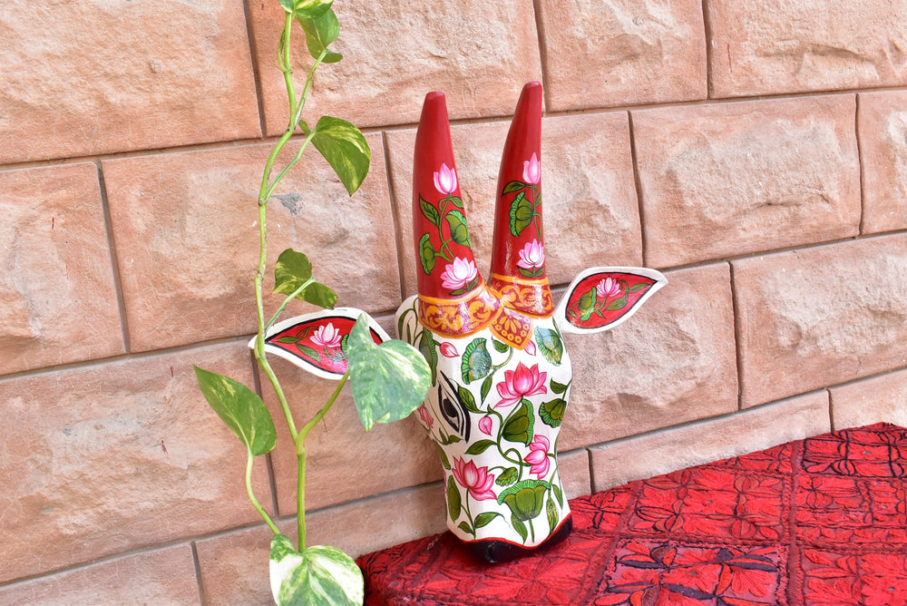 Wooden painted Bull | Nandi | Cow | head | face mask for wall decor. 15” long. Handmade artwork for interior from Kerala India.