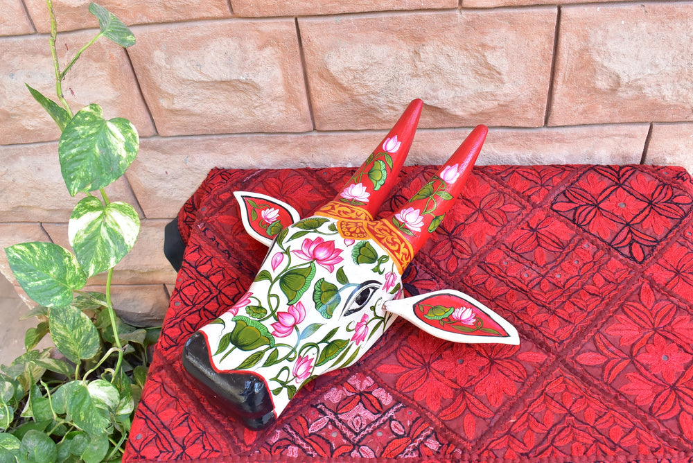 Wooden painted Bull | Nandi | Cow | head | face mask for wall decor. 15” long. Handmade artwork for interior from Kerala India.