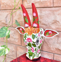 Wooden painted Bull | Nandi | Cow | head | face mask for wall decor. 15” long. Handmade artwork for interior from Kerala India.