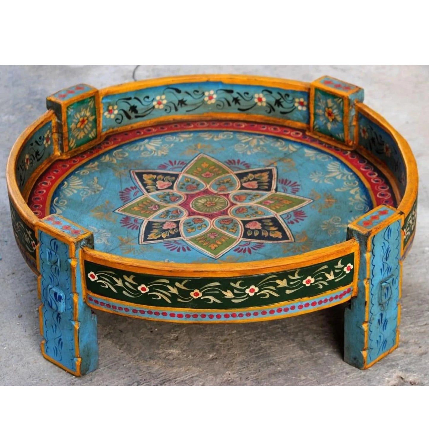 Buy Wooden Chakki A Hand Painted Indian Carved Coffee Table, End Table, Garden Center Table, Handmade Planter, Fruit Box, Boho Plant Stand.