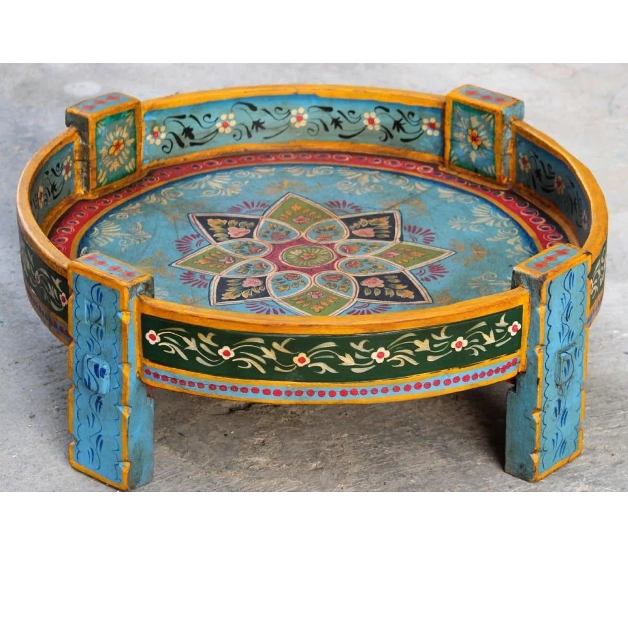 Wooden Chakki Hand Painted Indian Carved Coffee Table, End Table, Garden Center Table, Handmade Planter, Fruit Box, Boho Plant Stand.