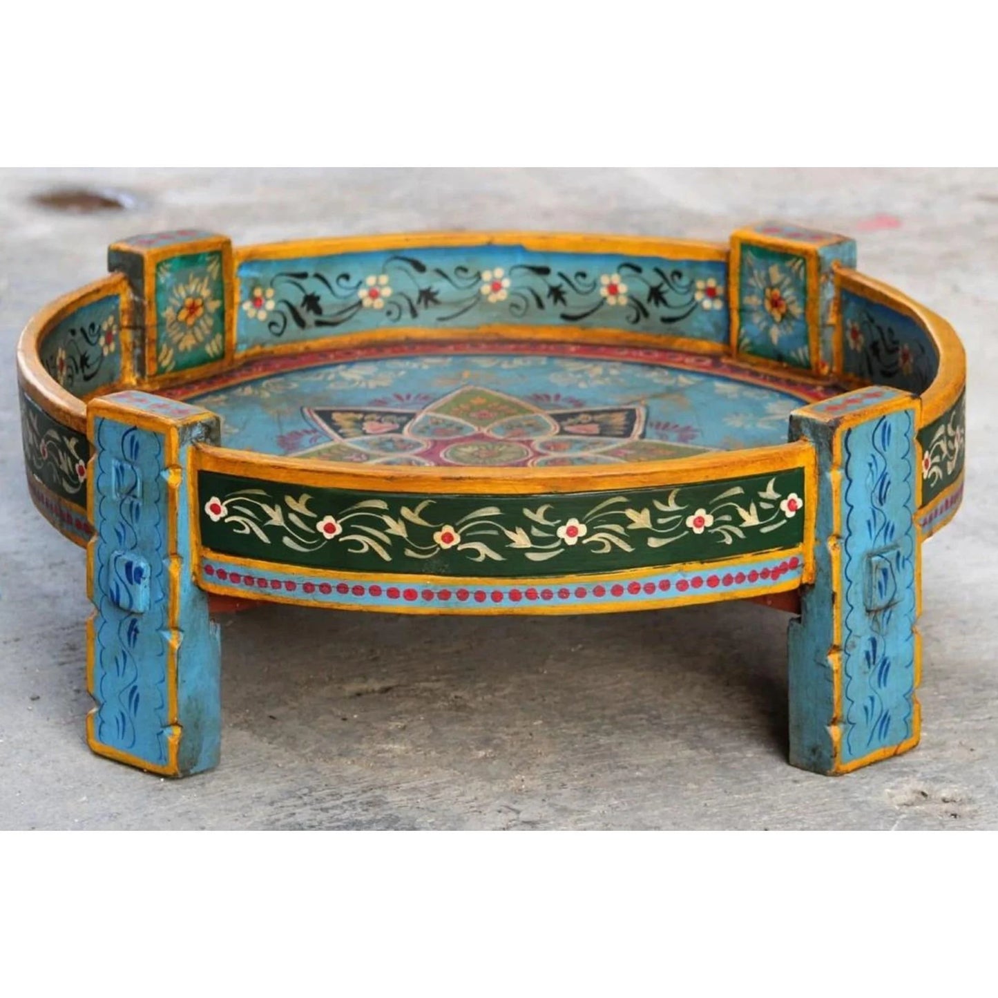 Buy Wooden Chakki A Hand Painted Indian Carved Coffee Table, End Table, Garden Center Table, Handmade Planter, Fruit Box, Boho Plant Stand.