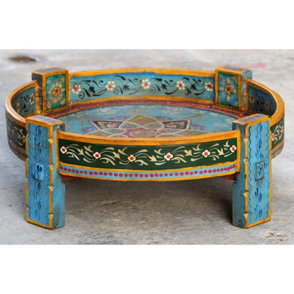 Buy Wooden Chakki A Hand Painted Indian Carved Coffee Table, End Table, Garden Center Table, Handmade Planter, Fruit Box, Boho Plant Stand.