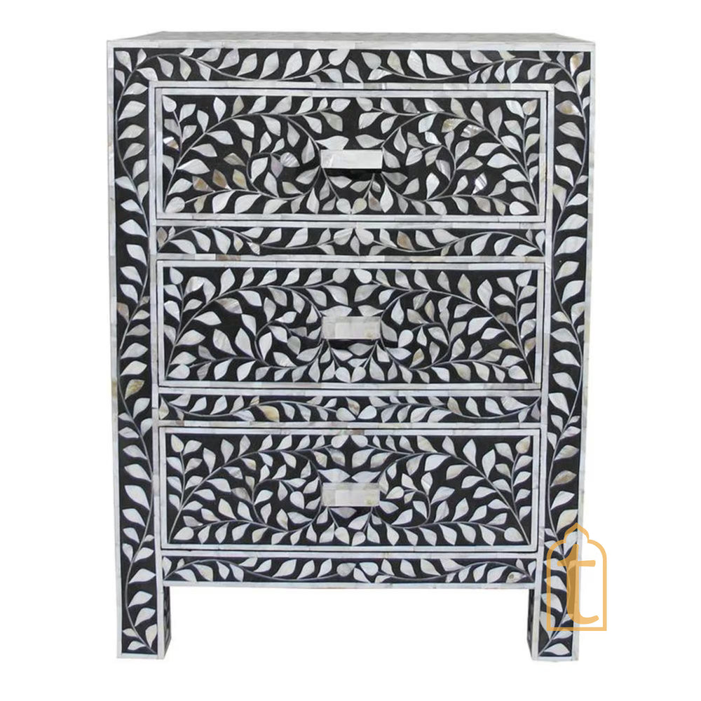 Wooden Handmade Bone Inlay Chest of 3 Drawer / Wooden Bone Inlay Buffet / Bone Inlay Bedside Wooden Modern Floral Bedside / Bone Inlay Side Table / Nightstand 3 Drawer.