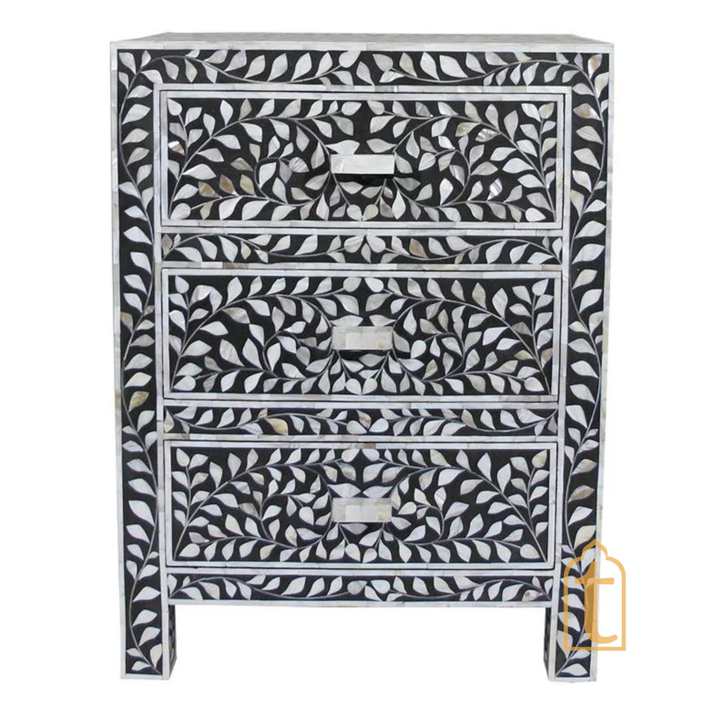 Wooden Handmade Bone Inlay Chest of 3 Drawer, Buffet, Bone Inlay Bedside Wooden Modern Floral Bedside /Side table /Nightstand 3 Drawer .