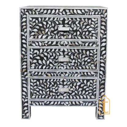 Wooden Handmade Bone Inlay Chest of 3 Drawer, Buffet, Bone Inlay Bedside Wooden Modern Floral Bedside /Side table /Nightstand 3 Drawer .