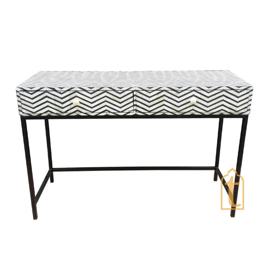 Handmade Bone Inlay 2 Drawer Console Table  | Study Table | Black &White Thin Zig Zag, Side Table , End Table, Drawer Chats , Dressing Table