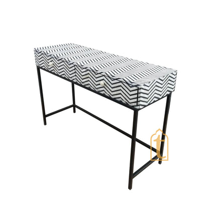 Handmade Bone Inlay 2 Drawer Console Table  | Study Table | Black &White Thin Zig Zag, Side Table , End Table, Drawer Chats , Dressing Table