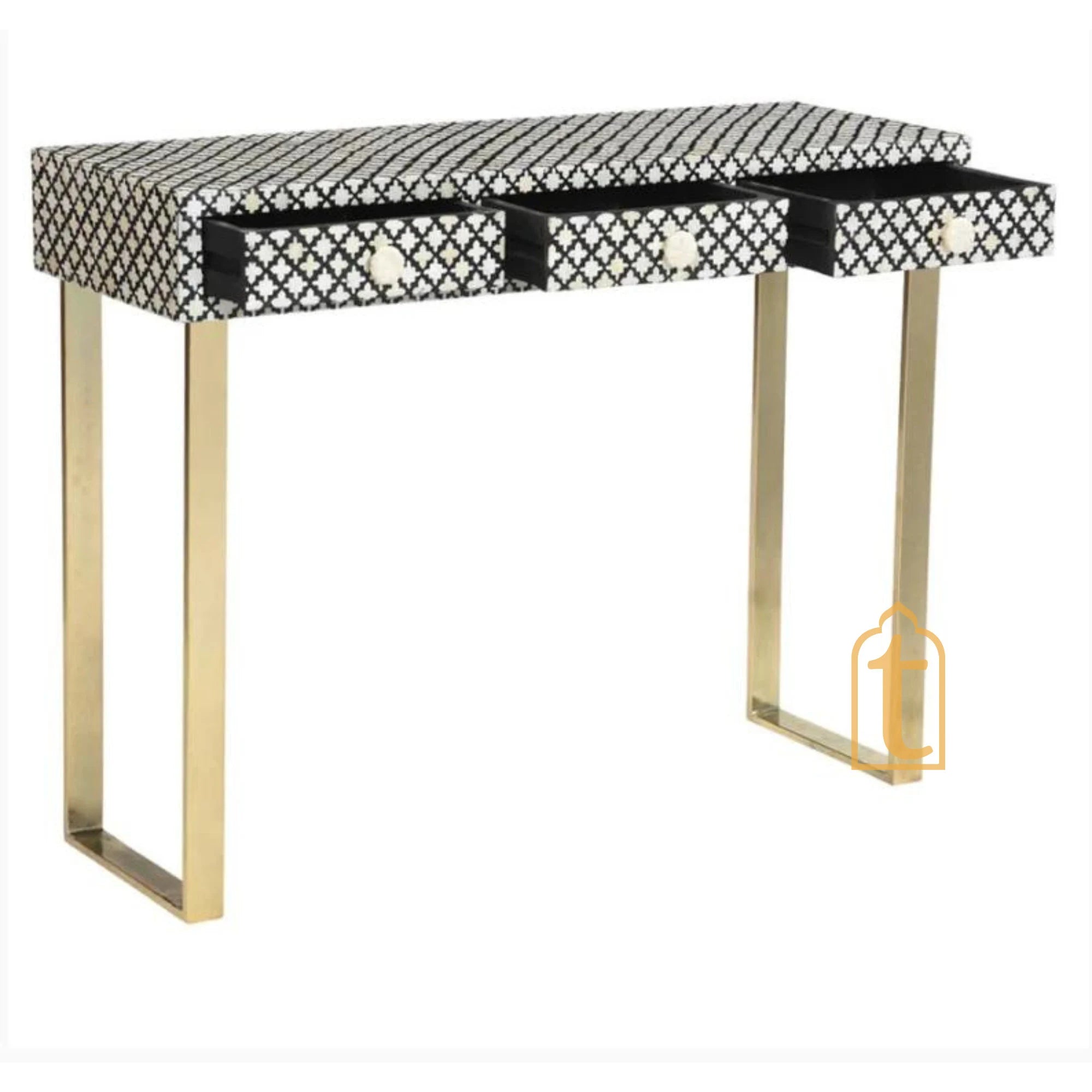 Handmade Bone Inlay Wooden Modern Console Table Furniture with 3 Drawer With Metal Legs.