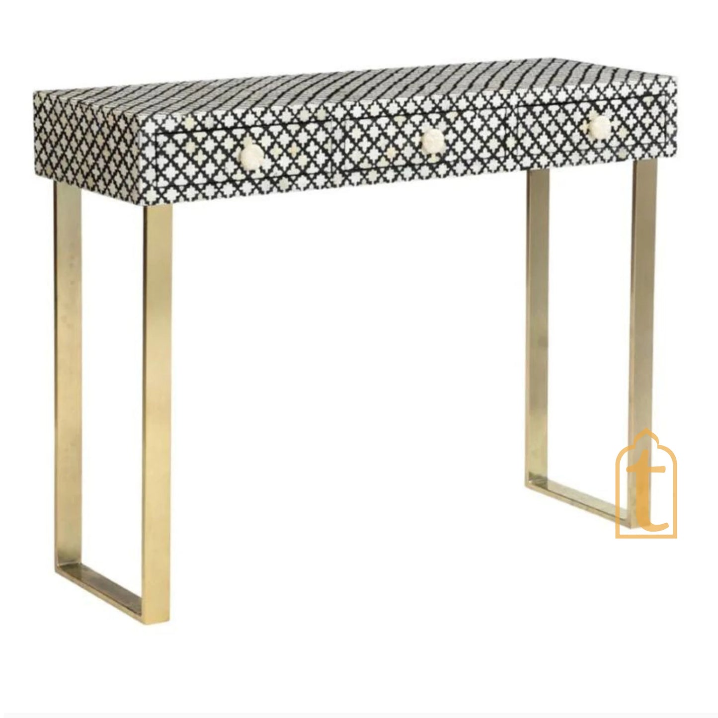 Handmade Bone Inlay Wooden Modern Console Table Furniture with 3 Drawer With Metal Legs.