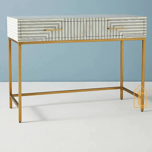 Wooden Bone Inlay Console Table | Hall-Way Entry Table | Bone Inlay 2 Drawer Console Table / Bone Inlay Stripe Desk / Bone Inlay Storage.