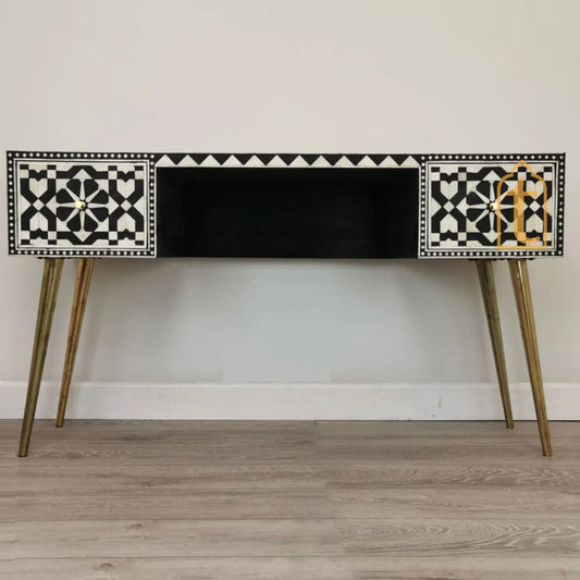 Handmade Bone Inlay Wooden Modern Black Console Table Bone Inlay Desk With 2 Drawer Furniture With Metal Legs/Wooden Side Table/Luxury Table