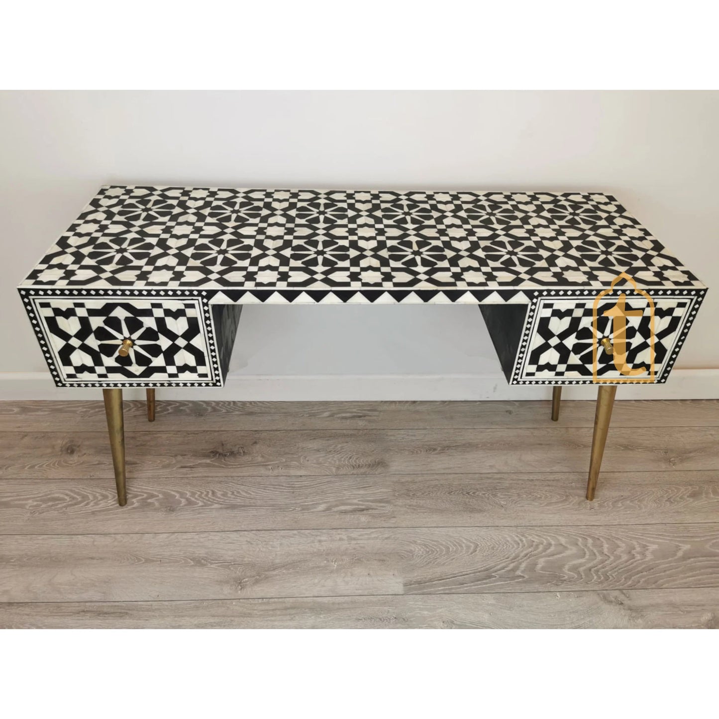 Handmade Bone Inlay Wooden Modern Black Console Table Bone Inlay Desk With 2 Drawer Furniture With Metal Legs/Wooden Side Table/Luxury Table