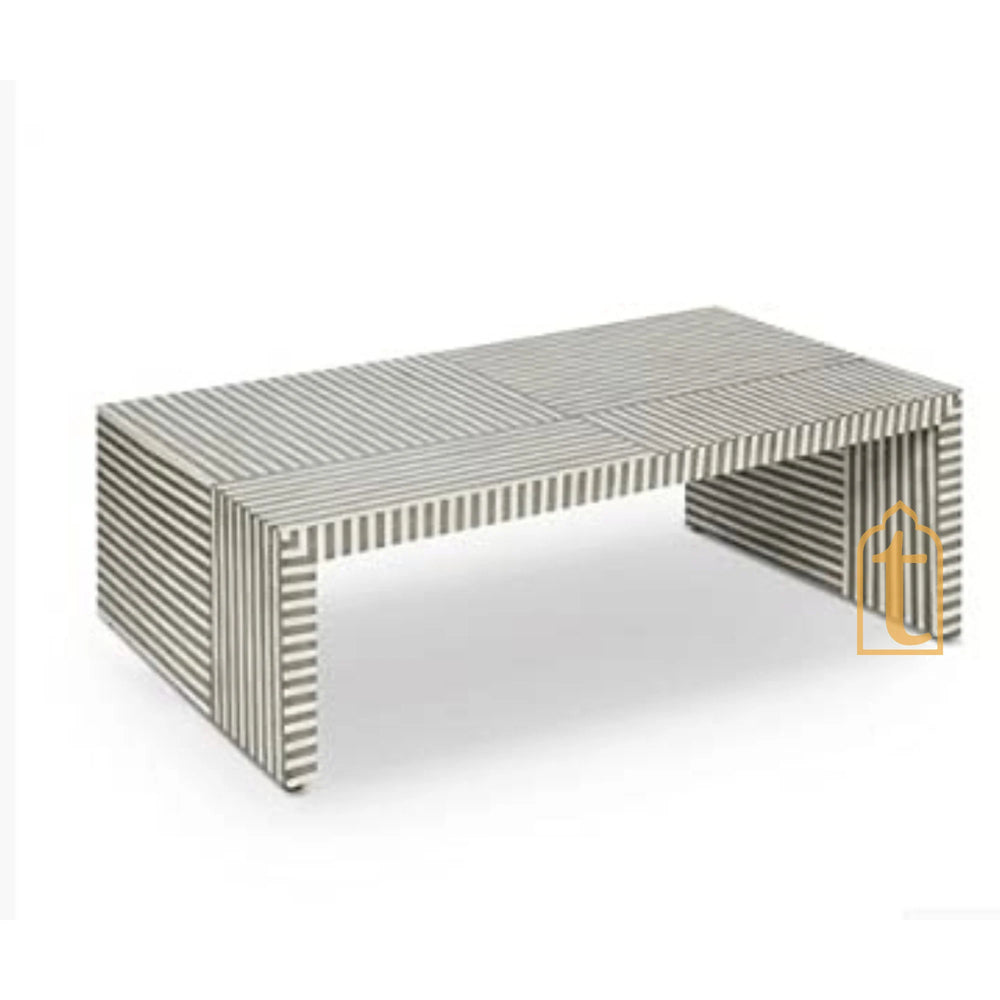Handmade Modern Striped Pattern Coffee Table / Bone Inlay Wooden Coffee Table / Wooden Furniture / Rectangle Coffee Table / Bone Inlay Cocktail Table.