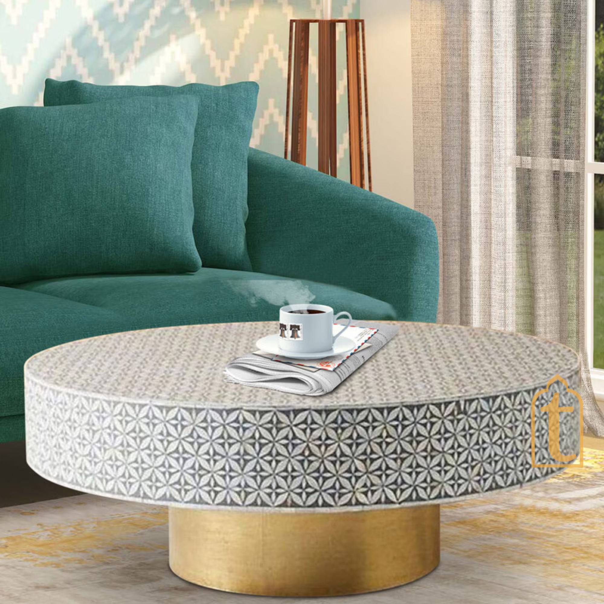 Handmade Wooden Modern Pattern Bone Inlay Coffee Table / Bone Inlay Center Table / Bone Inlay Wooden Coffee Table / Bone Inlay Furniture / Floral Design Center Table.
