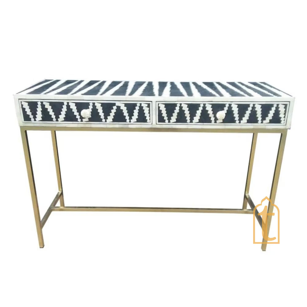 Handmade Bone inlay Console Table / 2 Drawer Study Table | Hall-Way Entry Table | Wooden Bone Inlay 2 Drawer Side Table With Metal Legs.