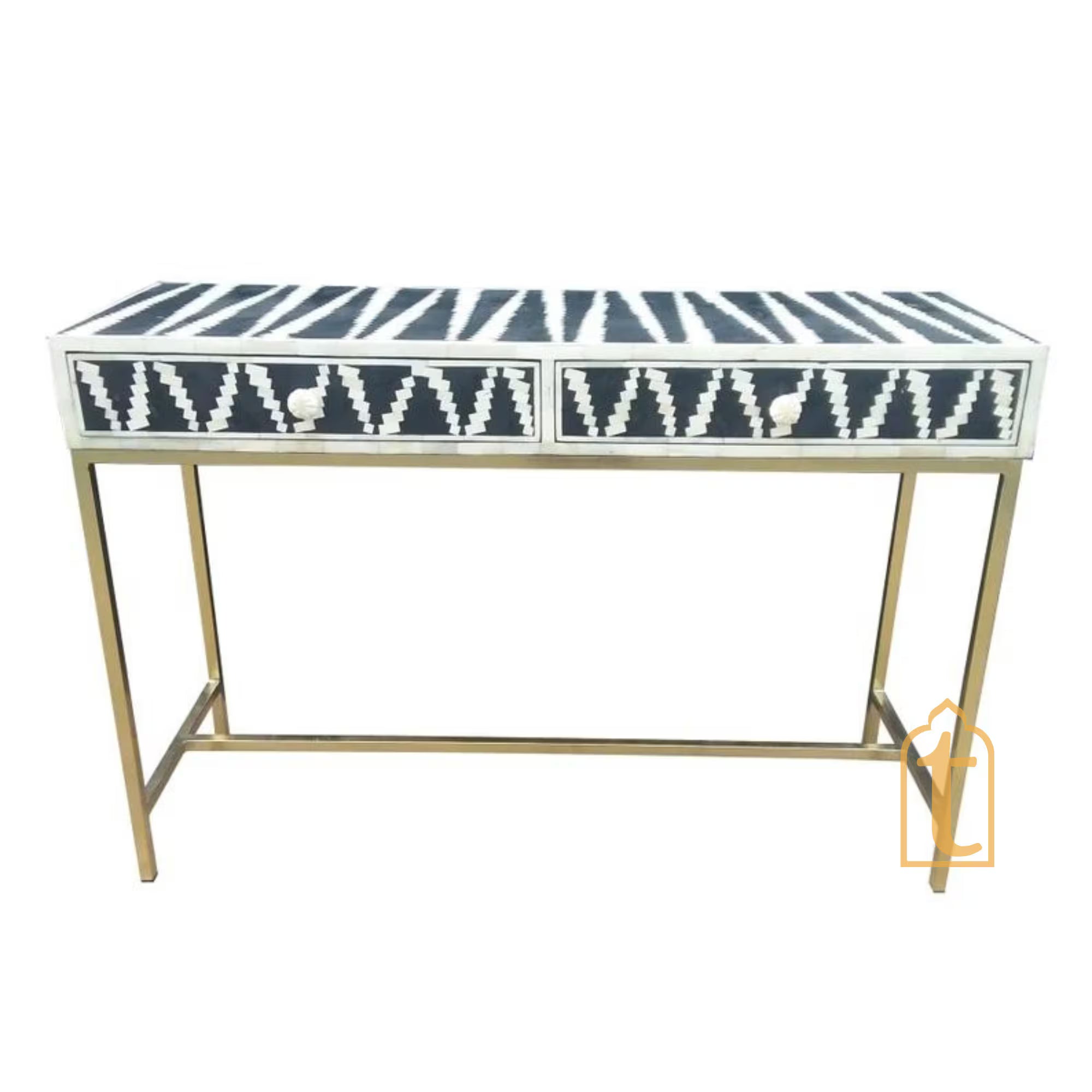 Handmade Bone inlay Console Table / 2 Drawer Study Table | Hall-Way Entry Table | Wooden Bone Inlay 2 Drawer Side Table With Metal Legs.
