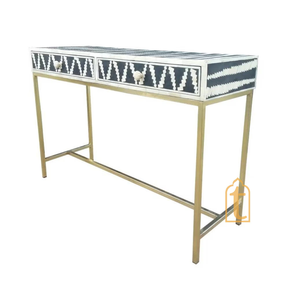 Handmade Bone inlay Console Table / 2 Drawer Study Table | Hall-Way Entry Table | Wooden Bone Inlay 2 Drawer Side Table With Metal Legs.