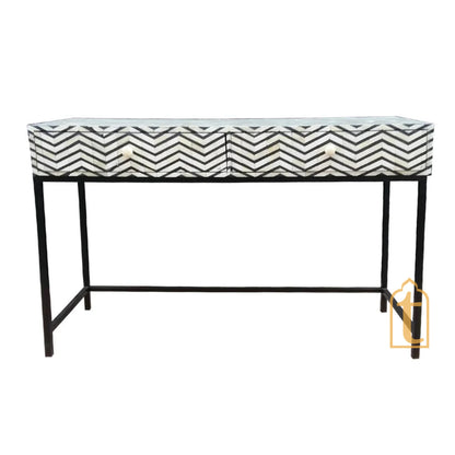Handmade Bone Inlay 2 Drawer Console Table  | Study Table | Black &White Thin Zig Zag, Side Table , End Table, Drawer Chats , Dressing Table