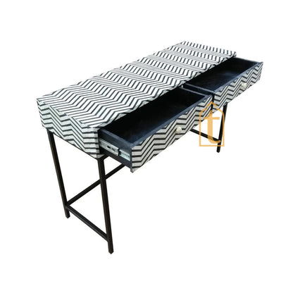 Handmade Bone Inlay 2 Drawer Console Table  | Study Table | Black &White Thin Zig Zag, Side Table , End Table, Drawer Chats , Dressing Table