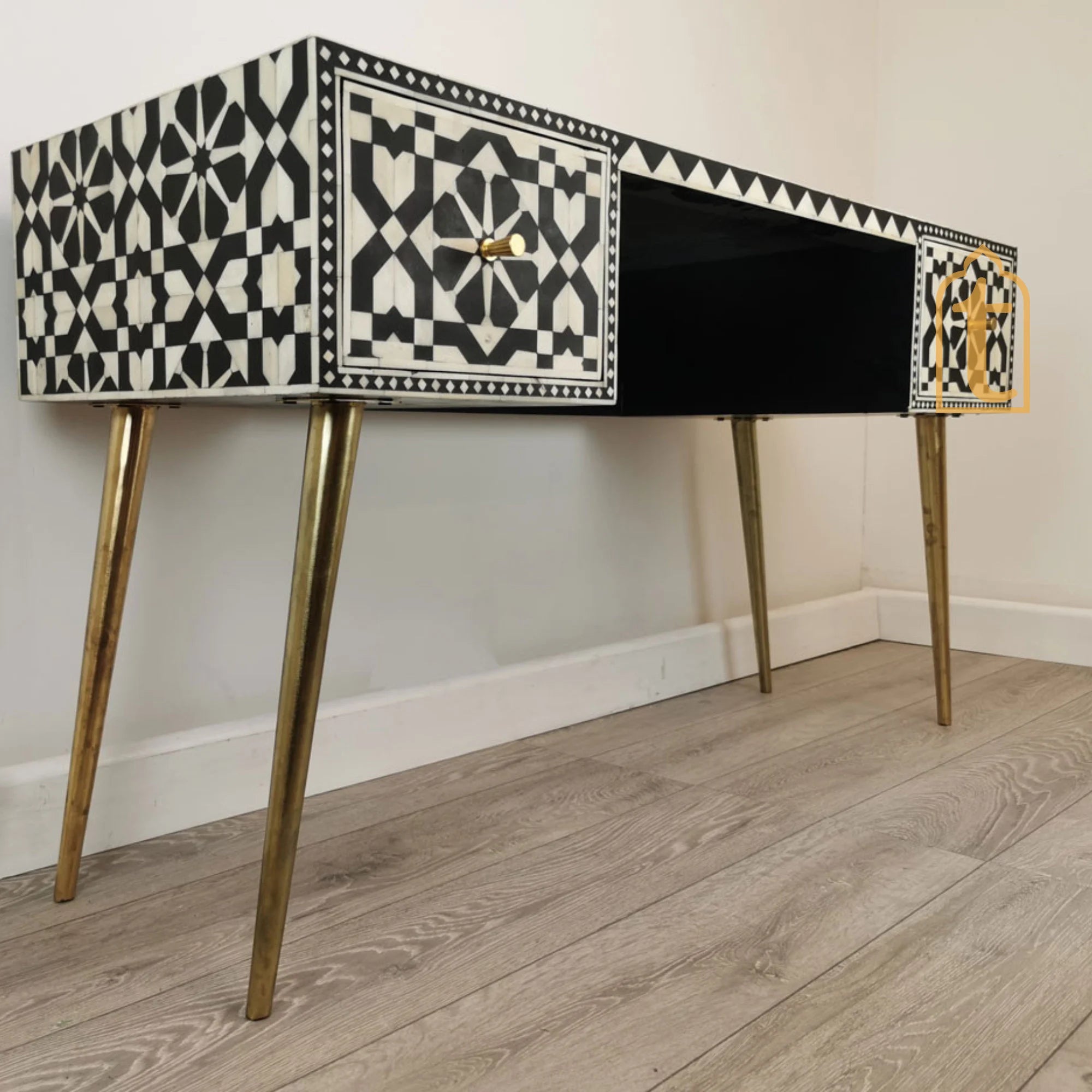 Handmade Bone Inlay Wooden Modern Console Table / Bone Inlay Desk With 2 Drawer Furniture With Metal Legs / Wooden Side Table / Luxury Table.
