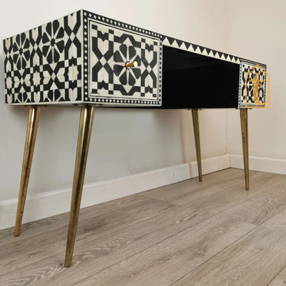 Handmade Bone Inlay Wooden Modern Black Console Table Bone Inlay Desk With 2 Drawer Furniture With Metal Legs/Wooden Side Table/Luxury Table