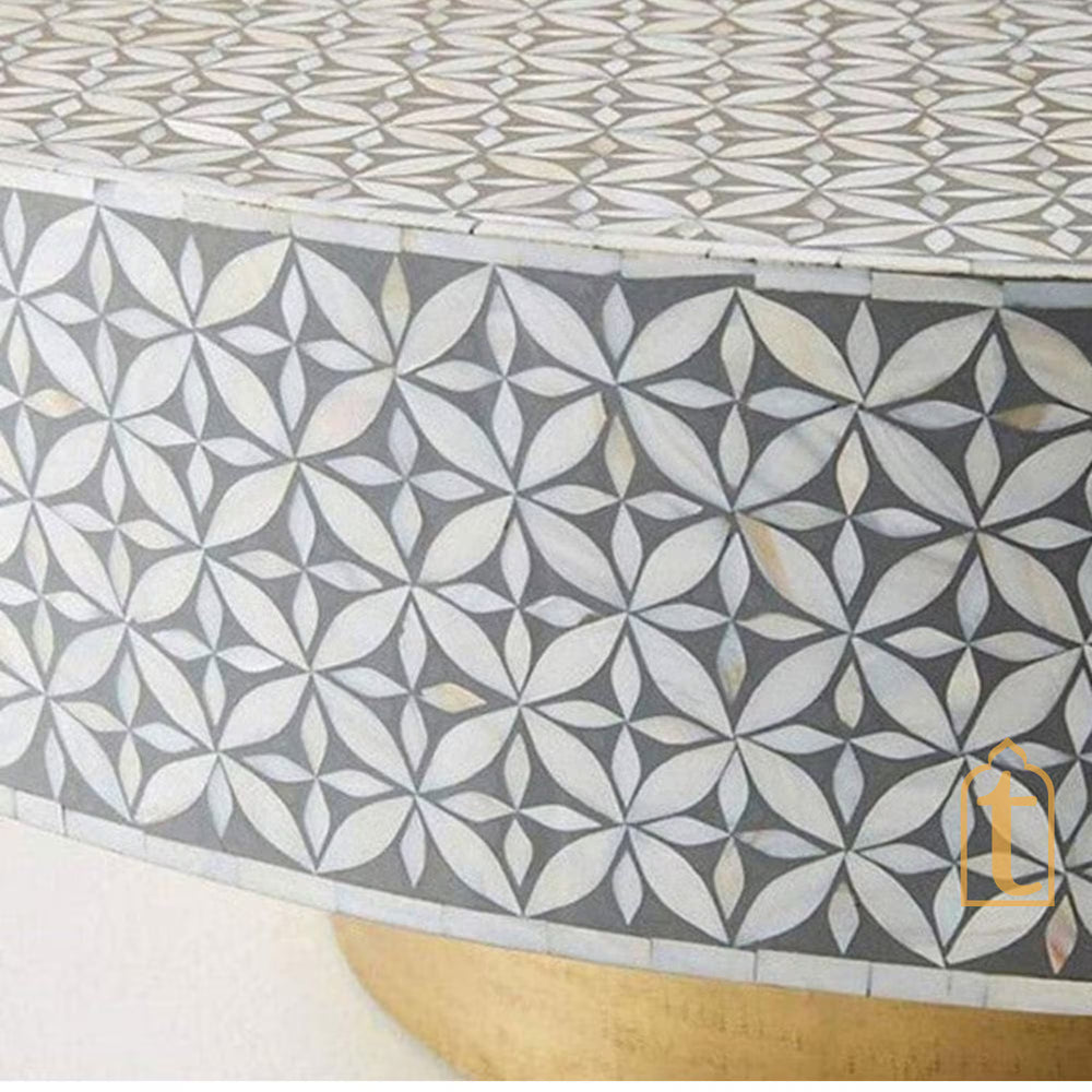 Handmade Wooden Modern Pattern Bone Inlay Coffee Table / Bone Inlay Center Table / Bone Inlay Wooden Coffee Table / Bone Inlay Furniture / Floral Design Center Table.