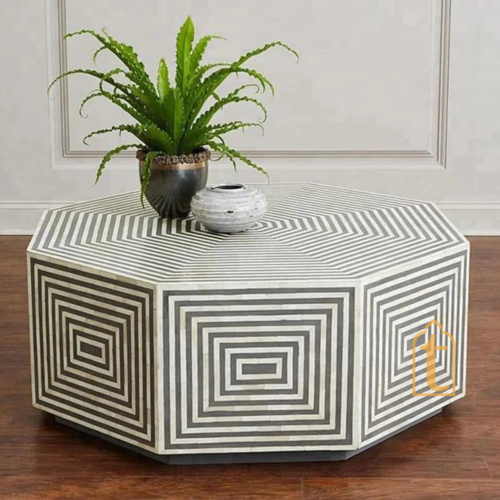 Wooden Bone Inlay Hexagon Coffee Table / Inlay Centre Table / Cocktail Table / Bone Inlay Center Table / MOP Table / Bone Inlay Wooden Modern Pattern Coffee Table.