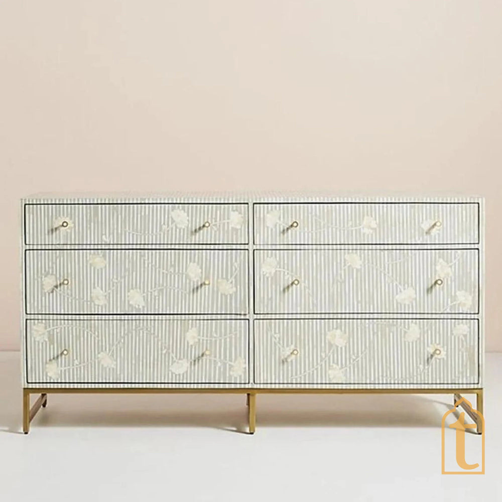 Bone Moroccan Inlay 6 Drawers Chest of Drawers / Bone Inlay 6 Drawers Dresser / Bone Inlay Chest of Drawers / Bone Inlay Furniture Sideboard Unit.