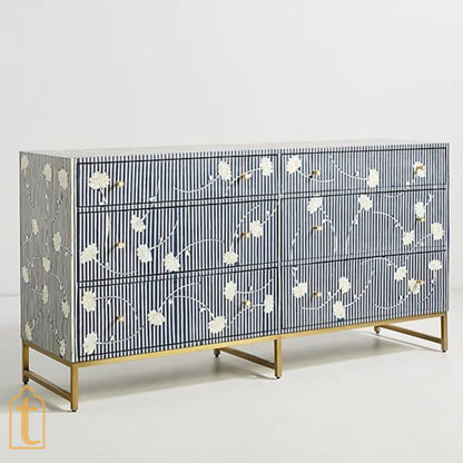 Bone Moroccan Inlay 6 Drawers Chest of Drawers, Bone Inlay Drawers Dresser, Bone Inlay Chest of Drawers, Bone Inlay Furniture Sideboard Unit