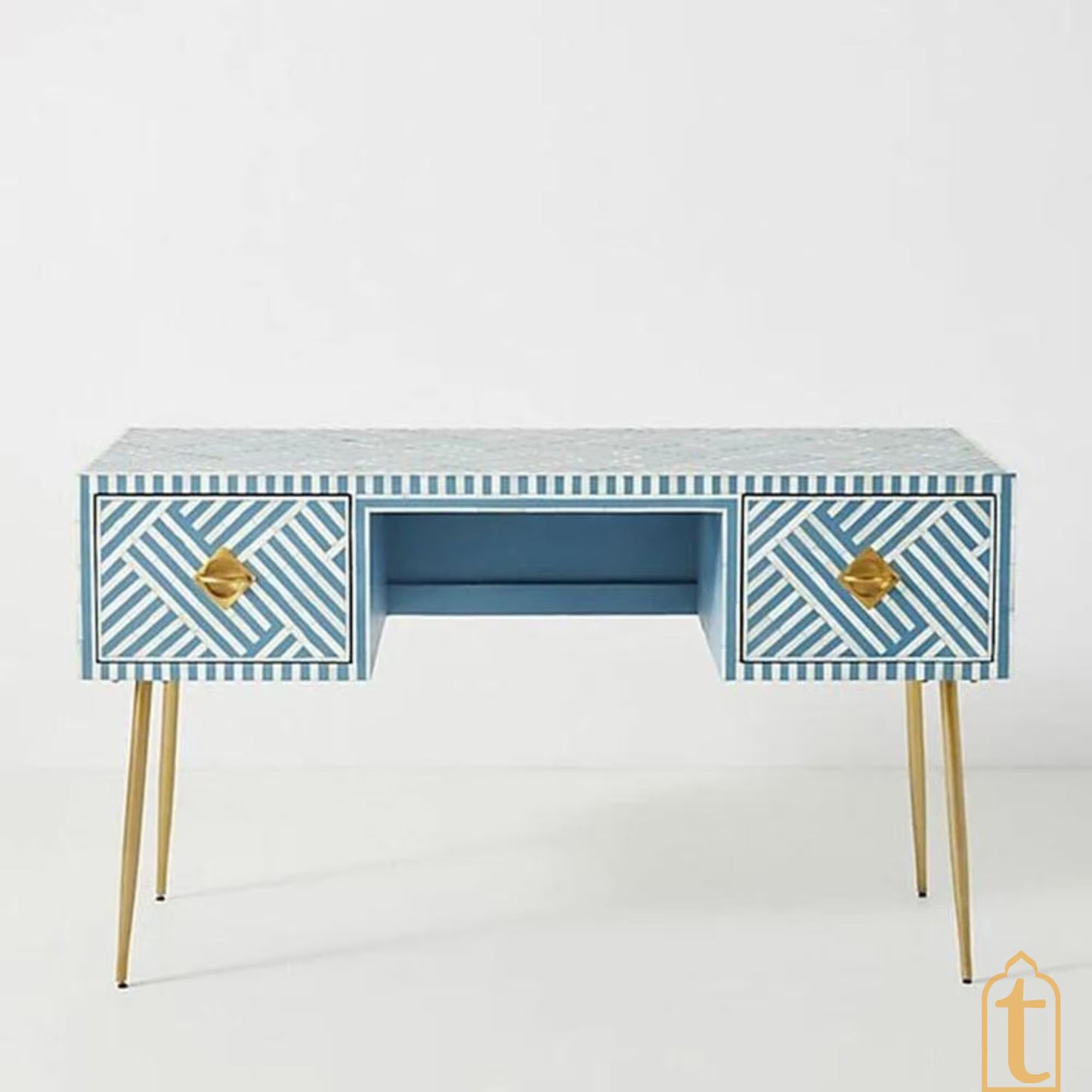 Bone inlay Work Desk | laptop table | console table, Bone Inlay Optical Design 2 Drawers Desk Sky Blue,  Optical Design Study wooden Table.