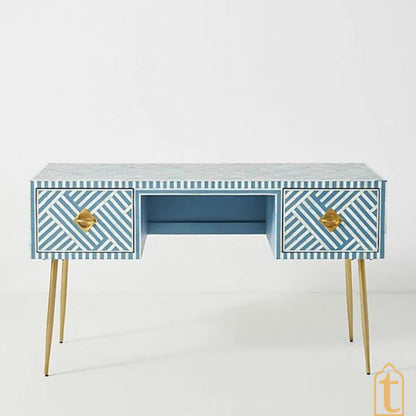 Bone inlay Work Desk | laptop table | console table, Bone Inlay Optical Design 2 Drawers Desk Sky Blue,  Optical Design Study wooden Table.