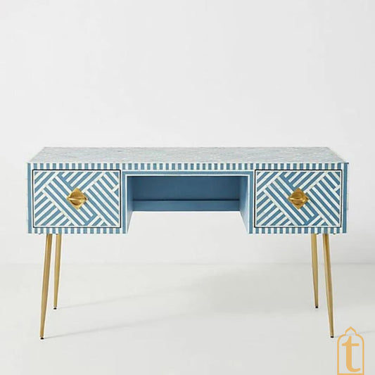 Bone inlay Work Desk | laptop table | console table, Bone Inlay Optical Design 2 Drawers Desk Sky Blue,  Optical Design Study wooden Table.
