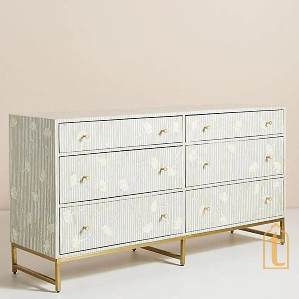 Bone Moroccan Inlay 6 Drawers Chest of Drawers / Bone Inlay 6 Drawers Dresser / Bone Inlay Chest of Drawers / Bone Inlay Furniture Sideboard Unit.